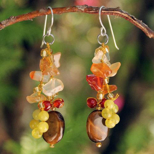 Hand Crafted Tiger's Eye and Quartz Cluster Earrings 'Thai Autumn'