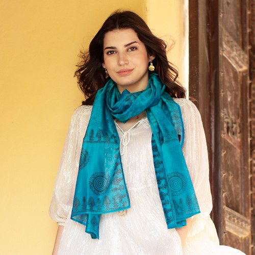Cotton Silk Blend Wrap Patterned Shawl 'Turquoise Bihar'