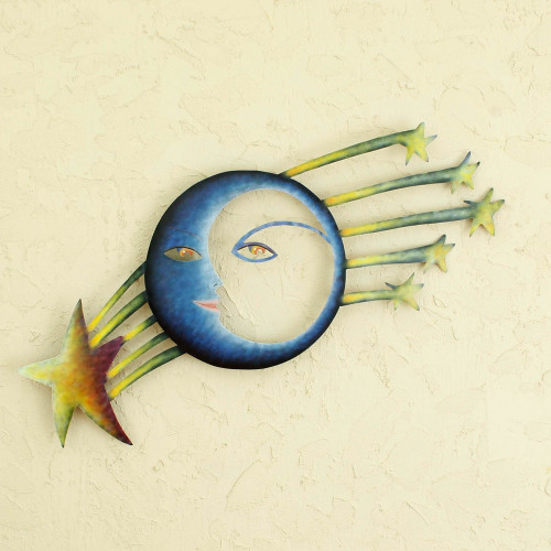 Fair Trade Sun and Moon Steel Yellow and Blue Wall Art 'Cosmic Consciousness'