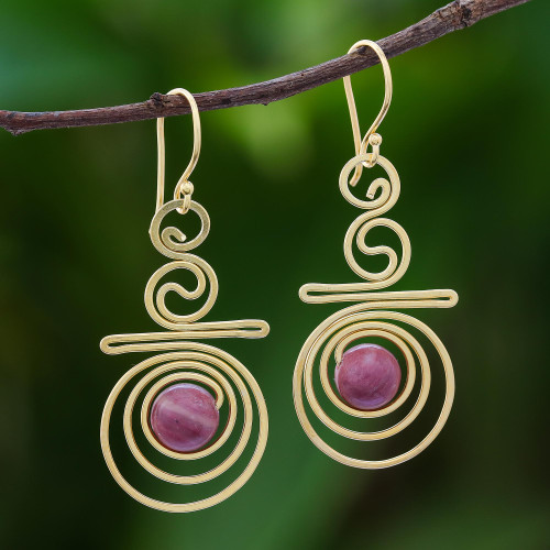 Hand Made Gold Plated Rhodonite Dangle Earrings 'Follow the Dream'