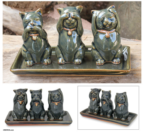 Celadon ceramic figurines 'Cats Shun Evil'