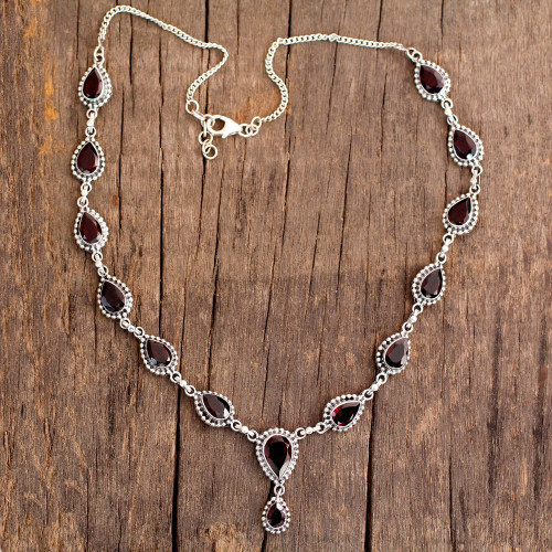 Garnet Necklace Sterling Silver Artistmade Jewelry 'Halo of Beauty'