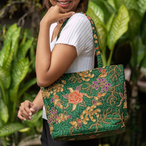 Indonesian Batik Rayon Pants with Floral and Leaf Motifs, 'Midnight Roots