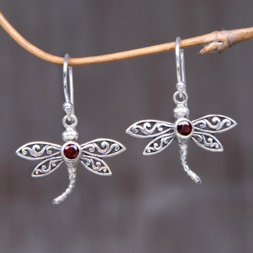 Handcrafted Indonesian Silver and Garnet Earrings 'Enchanted Dragonfly'