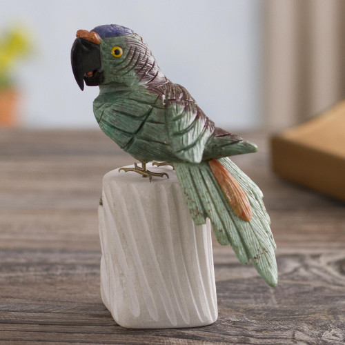 Handcrafted Gemstone Bird Sculpture from Peru 'Aqua Macaw'