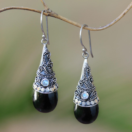 Hematite and Rainbow Moonstone Silver Earrings 'Bali Mystique'