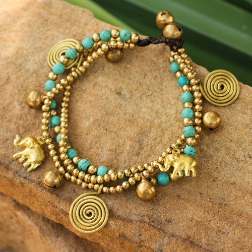 Hand Crafted Brass Charm Bracelet from Thailand 'Blue Siam Elephants'