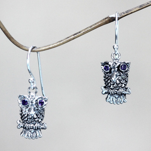 Sterling Silver and Amethyst Bird Earrings 'Baby Owl'