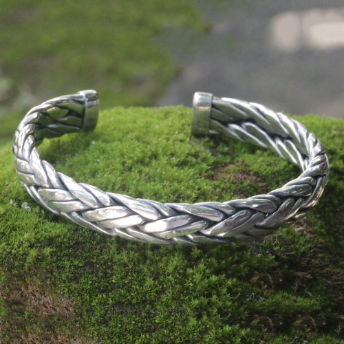 Men's Modern Sterling Silver Cuff Bracelet 'Flowing Water'