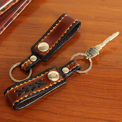 Hand Tooled Brown Leather Key Rings Pair 'Key to Success in Brown'