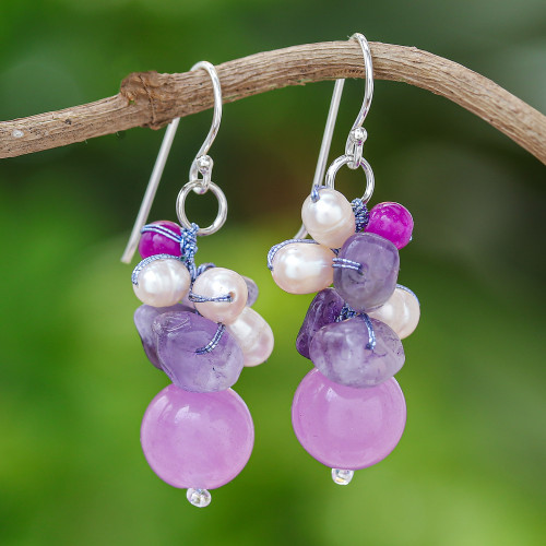 Handcrafted Pearl Amethyst Quartz Cluster Earrings 'Sweet Lavender'