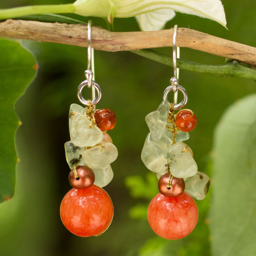 Handcrafted Pearl Carnelian Prehnite Cluster Earrings 'Spicy Peach'