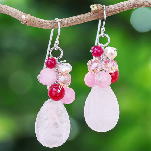 Handcrafted Thai Quartz Cluster Earrings 'Pink Rose'