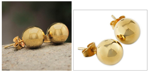 Artisan Made 18k Gold Plated Ball Stud Earrings 'Andean Sun'