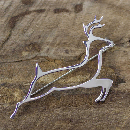 Sterling Silver Brooch Pin Taxco Artisan Jewelry 'Deer Protector'