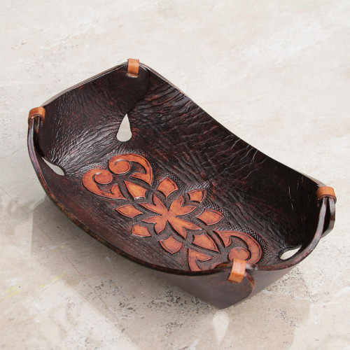 Leather Catchall in Caramel Brown Artisan Crafted in Peru 'Caramel Pyramid Tattoo'