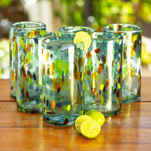 Hand Crafted Blown Glass Tumblers set of 6 'Sky Rainbow Raindrops'