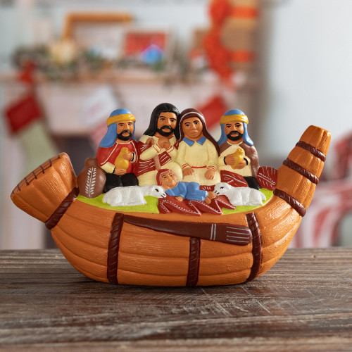 Artisan Crafted Ceramic Christmas Nativity Scene 'Christmas in a Reed Canoe'