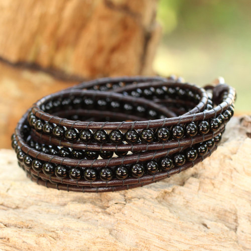 Hand Knotted Onyx and Leather Wrap Bracelet from Thailand 'Black Sun'