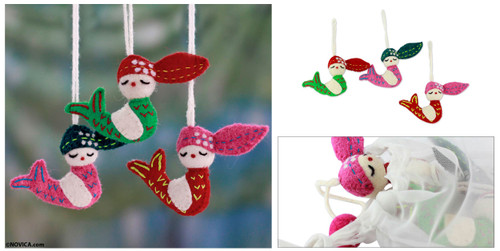 3 Handmade Mermaid Ornaments Set 'Holiday Mermaids'