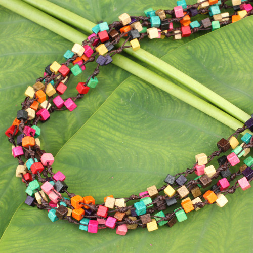 Artisan Crafted Multicolor Wood Beaded Torsade Necklace 'Petchaburi Belle'