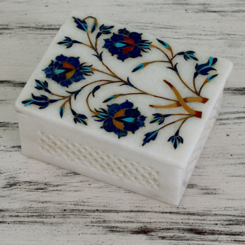 Handcrafted Indian Floral Marble Inlay Jewelry Box 'Floral World Heritage'