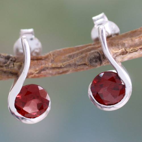 Garnet and Sterling Silver Indian Earrings 'Cherry Droplet'