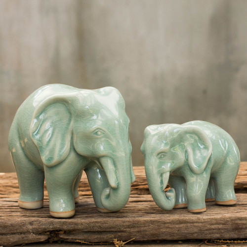 Elephant Celadon Ceramic Sculptures pair 'Lovely Family in Light Green'