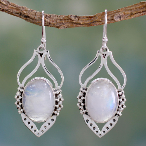 Rainbow Moonstone Jewelry Indian Sterling Silver Earrings 'Passion Leaf'