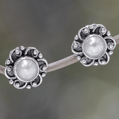 Sterling Silver and Pearl Flower Stud Earrings 'Moonlit Blossoms'