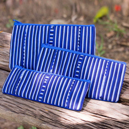 Thai Blue and White Cotton Blend Cosmetic Cases Set of 3 'Blue Lisu Chic'