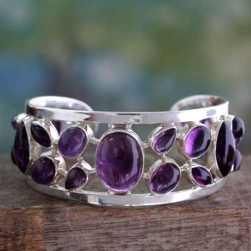 Amethyst Studded Sterling Silver Cuff Bracelet from India 'Purple Harmony'