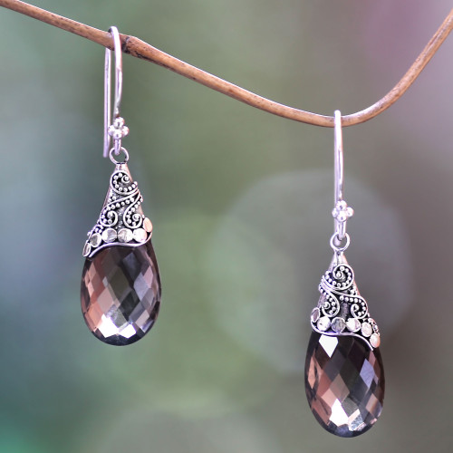 Fair Trade Smoky Quartz and Sterling Silver Dangle Earrings 'Glamorous'