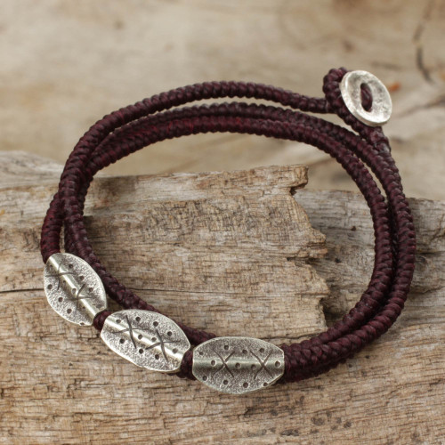 Fair Trade Thai Wrap Bracelet with Brown Cord and 950 Silver 'Chiang Mai Brown'