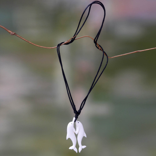 Carved Cow Bone Dolphin Themed Pendant Necklace 'Twin Dolphins'
