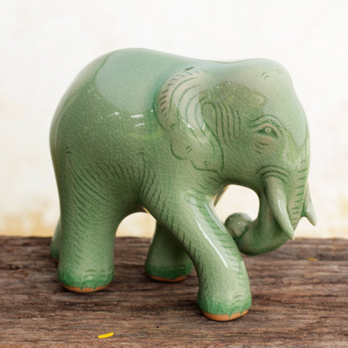 Celadon Ceramic Elephant Figurine by Thai Artisans 'Purposeful Elephant'