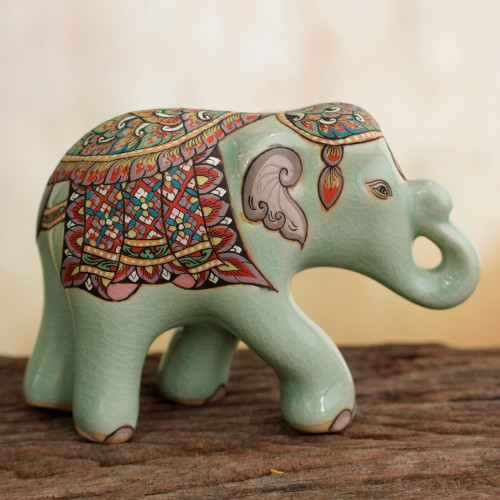 Thai Celadon Hand Painted Ceramic Elephant Figurine Small 'Smiling Royal Elephant'