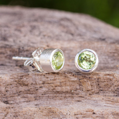 Peridot on Brushed Sterling Silver Stud Earrings 'Light'