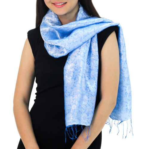 Fair Trade Floral Blue Scarf from Thailand 'Blue Bouquet'