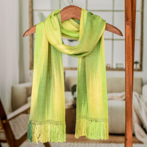 Light and Dark Green Hand Woven Rayon Scarf 'Iridescent Green Pastels'