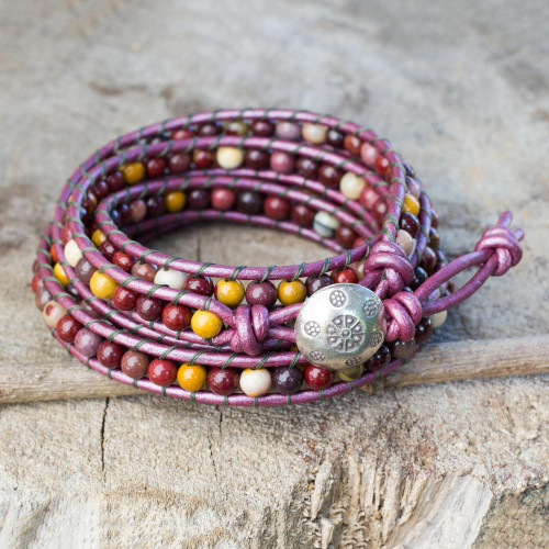 Jasper and Leather Wrap Bracelet Karen Hill Tribe Silver 'Bright Orchid Romance'