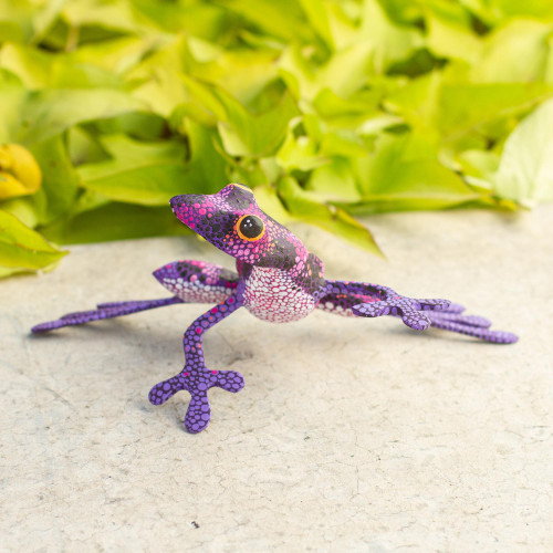 Purple Hand Crafted Alebrije Style Frog Figurine Sculpture 'Purple Dancing Frog'