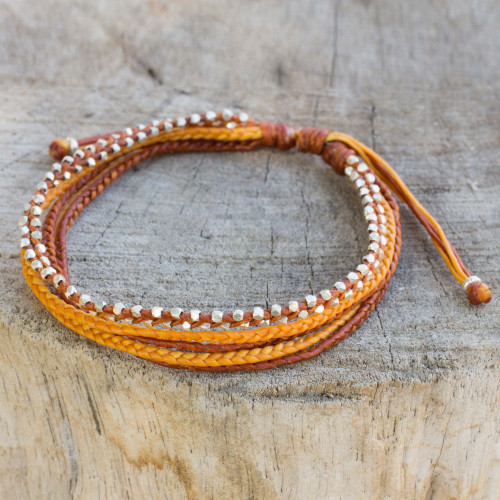 Silver Beads on Hand Braided Wristband Bracelet 'Warm Honey'