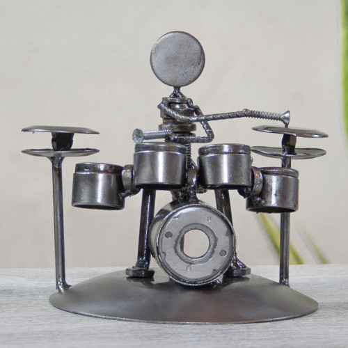 Hand Crafted Upcycled Metal Drummer Sculpture from Mexico 'Rustic Drummer'