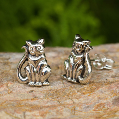 Cat Theme Hand Crafted Sterling Silver Button Earrings 'Contented Kittens'