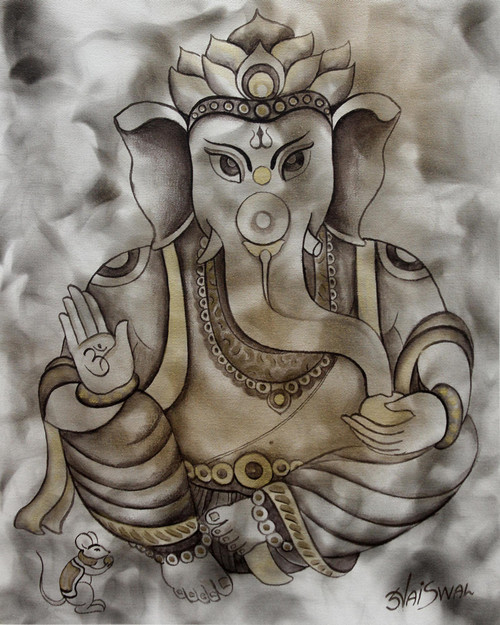 Hinduism Deity Signed Ganesha Painting from India 'Blissful Ganesha'