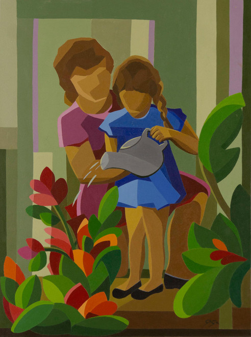 Mother and Daughter with Flowers Signed Original Painting 'Watering the Flowers'