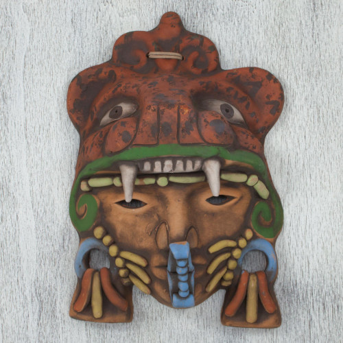 Artisan Crafted Mexican Ceramic Aztec Jaguar Warrior Mask 'Aztec Jaguar Warrior'