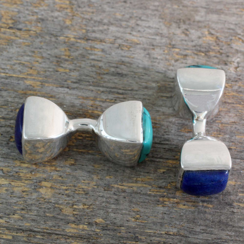 Lapis Lazuli and Turquoise Silver Cufflinks from India 'Dreamer'
