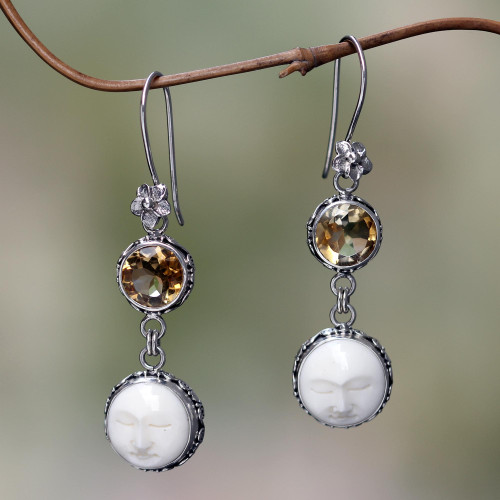 Citrine Moon Image Silver Earrings Crafted in Bali 'Frangipani Moon Child'